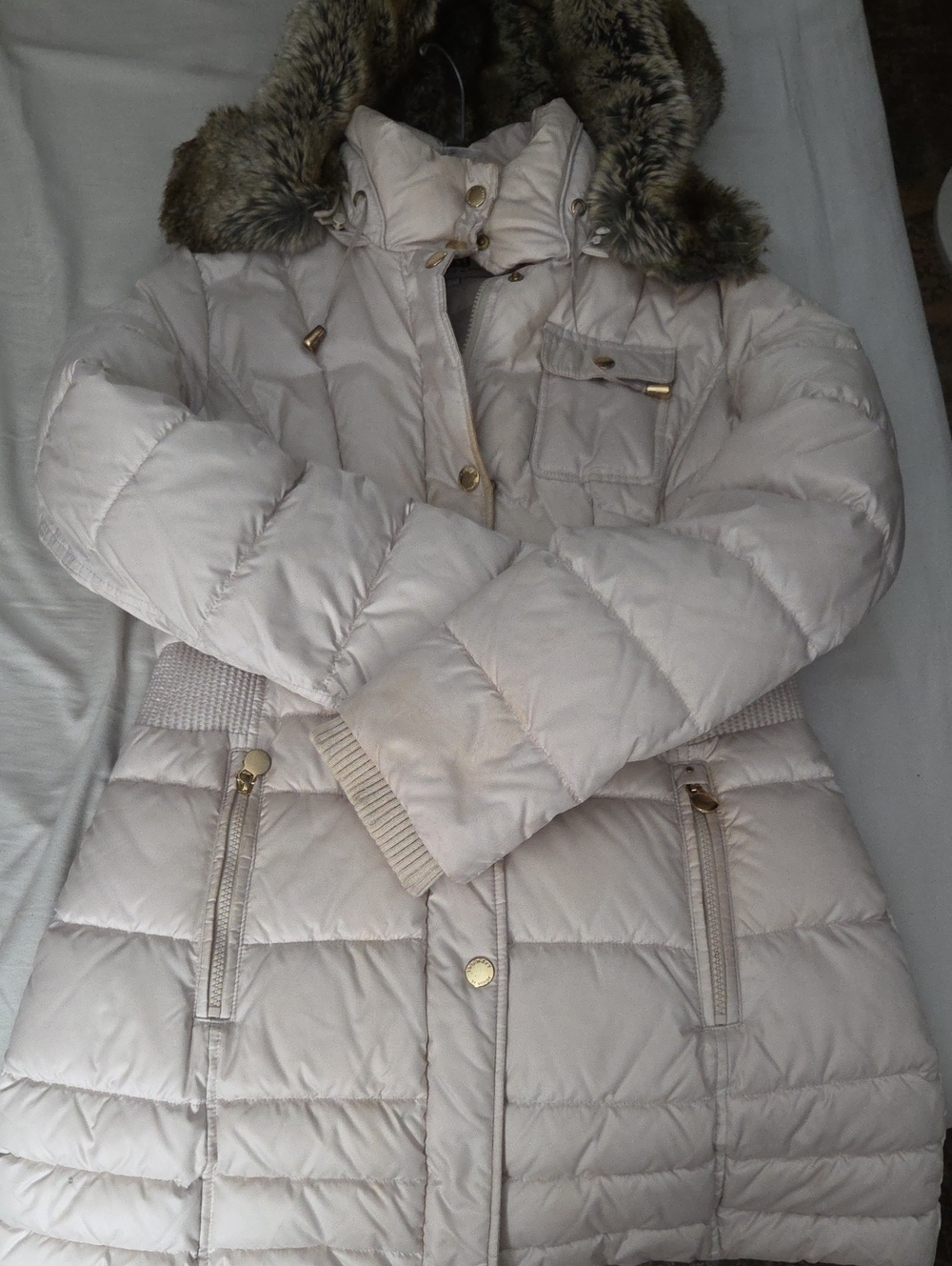 Laundry by Design Cream Quilted Puffer Coat with Faux Fur Hood